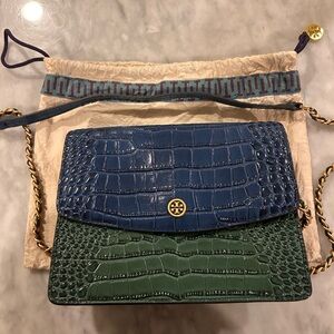 Tory Burch Blue & Green Croc-Embossed Leather Chain Crossbody